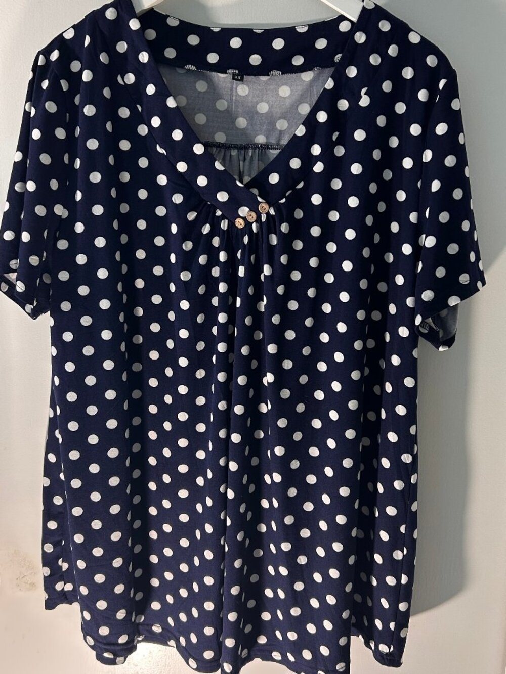 3X Navy Blue & White Polka Dot V-Neck Stretch Blouse